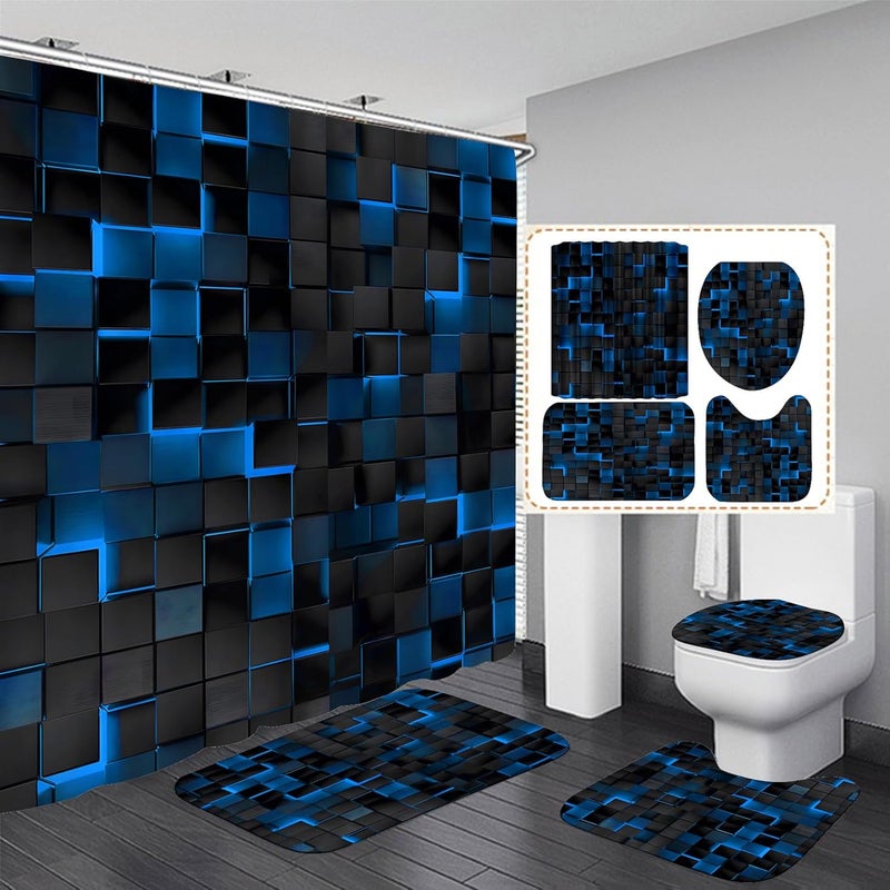 LQCOOL 4Pcs Blue Shower Curtain Set 3D Cubes Bathroom Sets Modern Shower Curtain Set for Bathroom Sets with Rugs Black and Blue Shower Curtain with 12 Hooks - Image 1